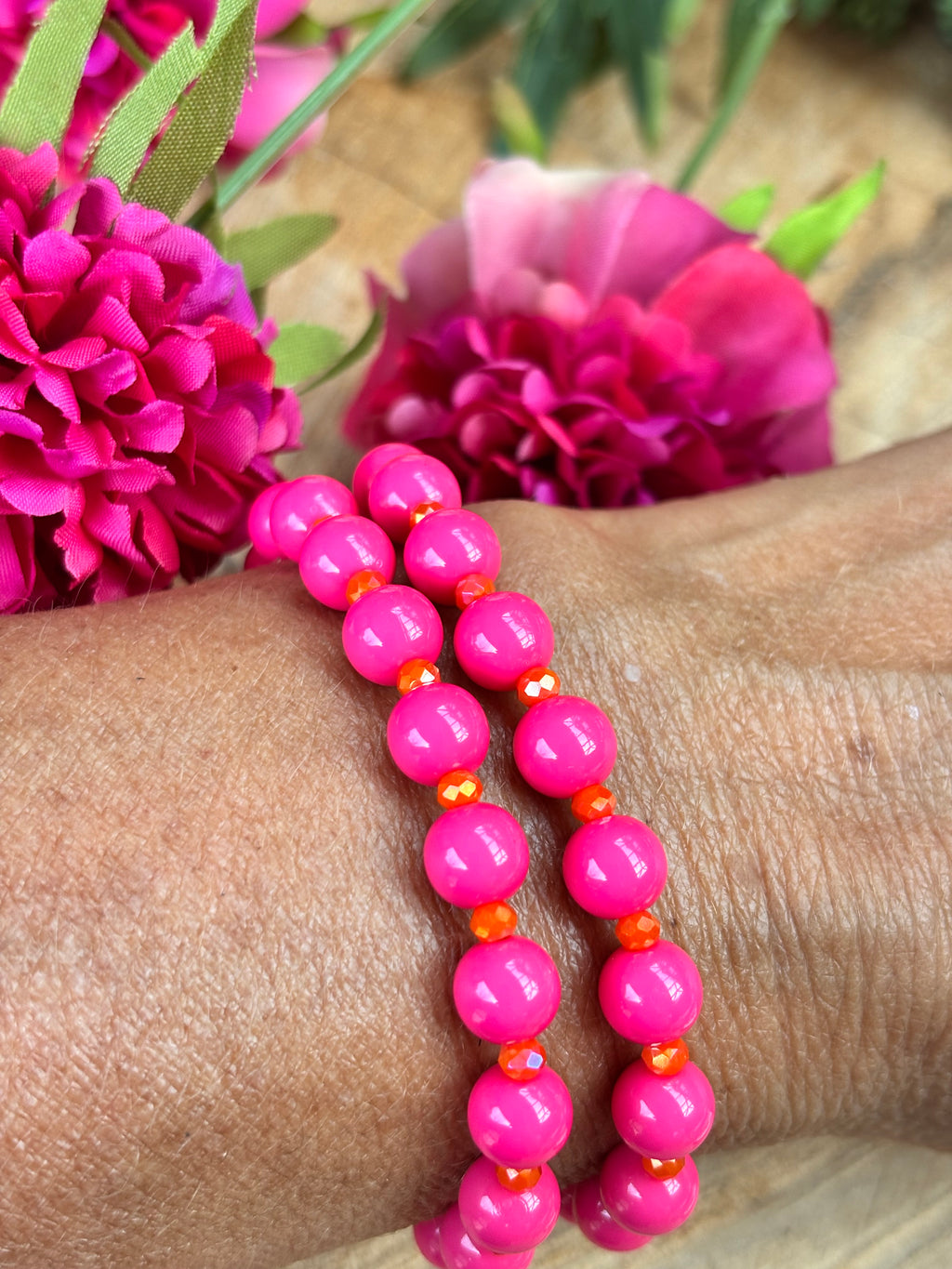 Acryl 8mm armband roze/orange