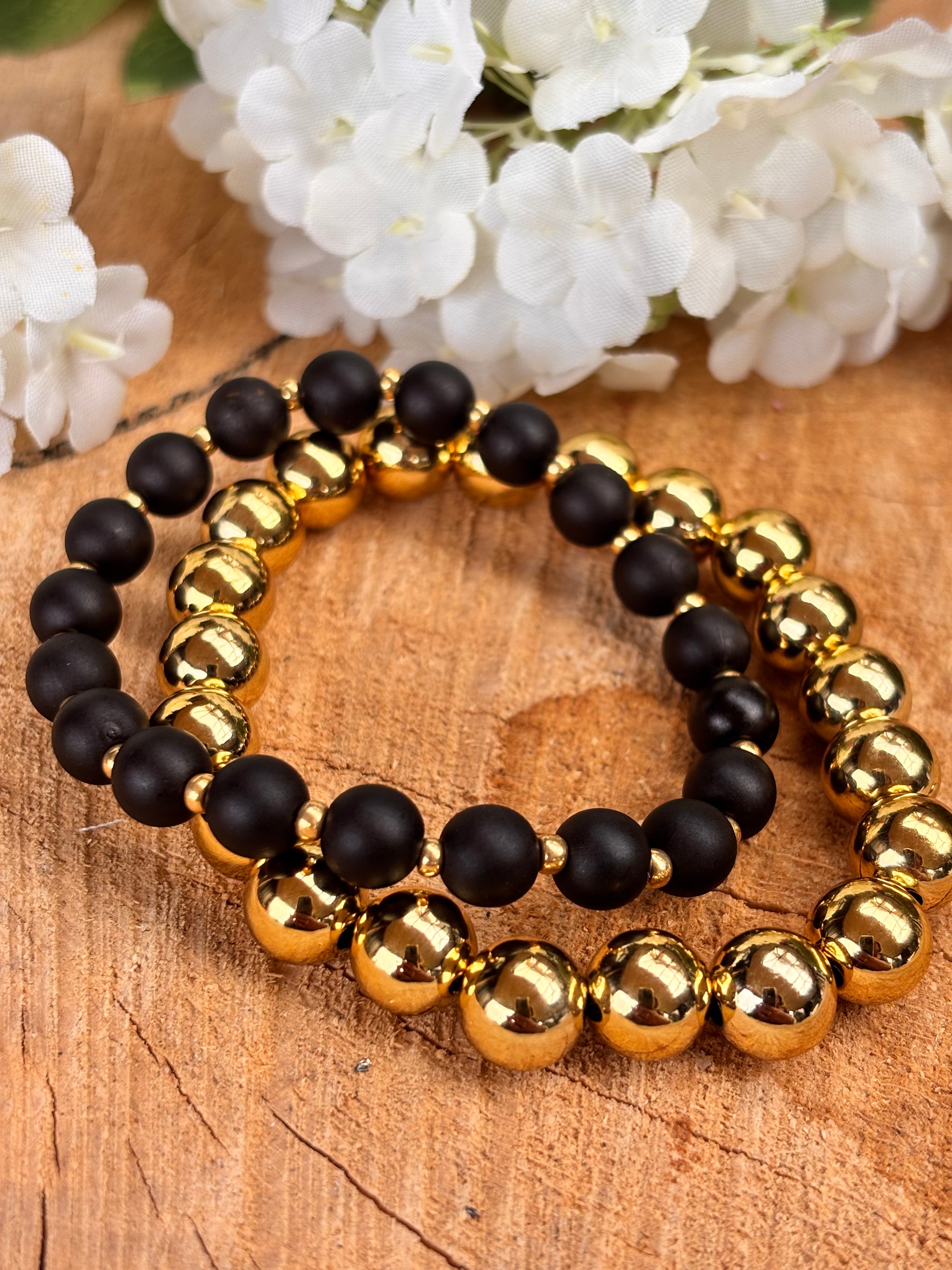 Acryl 8mm armband zwart/gold