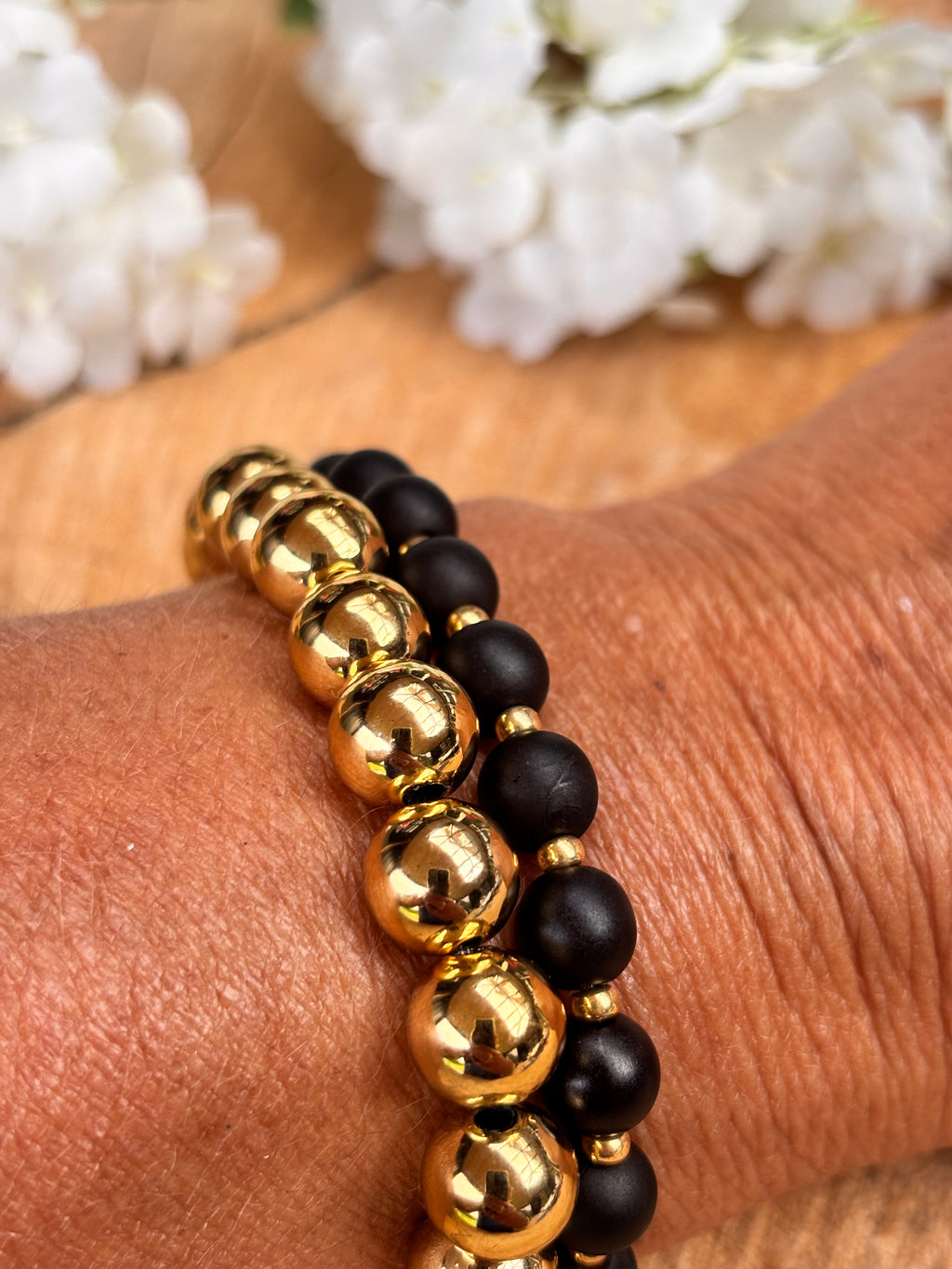 Acryl 8mm armband zwart/gold